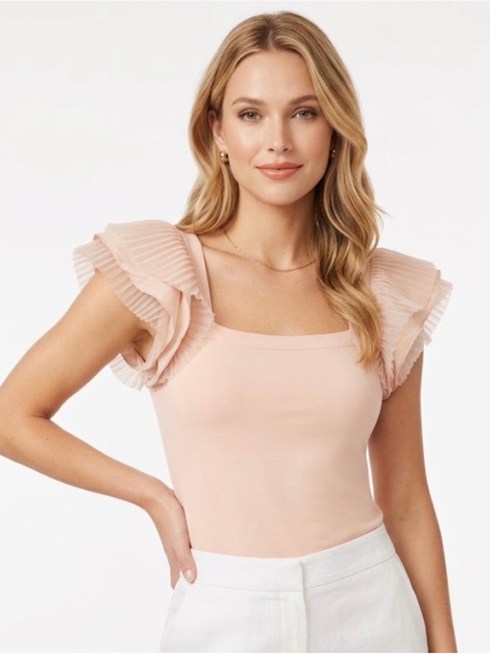 BCBGMaxAzria Pleated Ruffle Sleeve Square Neck shirt- Blush